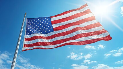 Fototapeta premium Powerful image of an American flag waving proudly in the wind against a clear blue sky