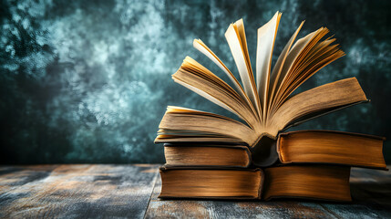 A Stack of Open Books Symbolizing Knowledge and Learning on a Wooden Surface