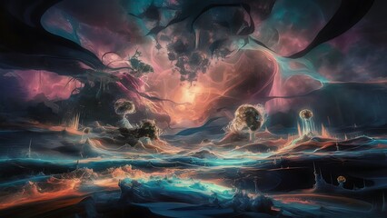 Naklejka premium Dreams of Upper Atmosphere series. Canvas of fractal colors on the subject of digital painting, alien worlds and abstract art.