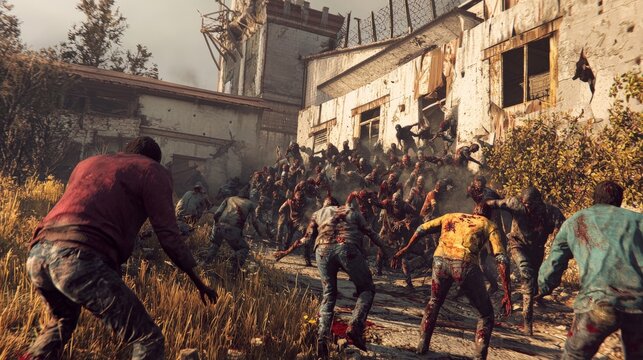 A cinematic scene of a zombie horde attacking a fortified structure, with survivors desperately trying to hold them back