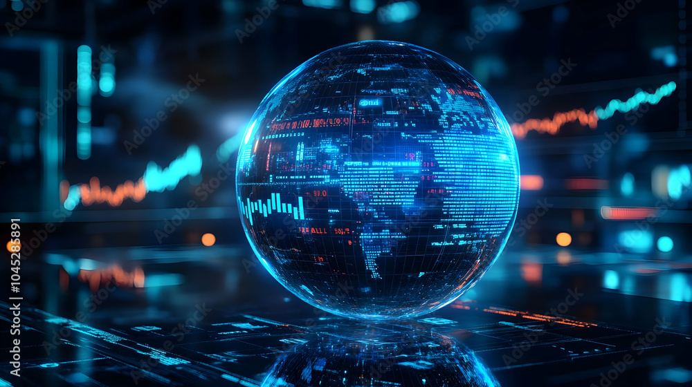 Poster 3d holographic sphere floating stock market data visualization extreme close up rotating camera show