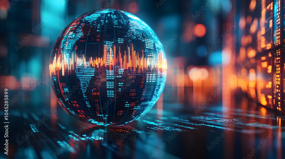 Poster 3d holographic sphere stock market visualization close-up rotating floating globe dynamic financial 