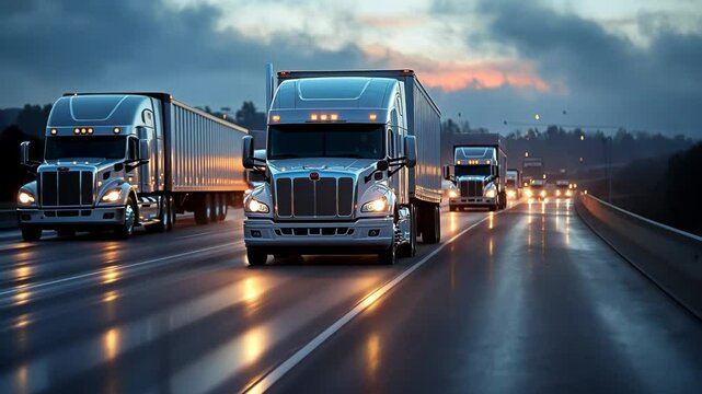 Row of white semi-trucks driving on a highway at dusk. Video