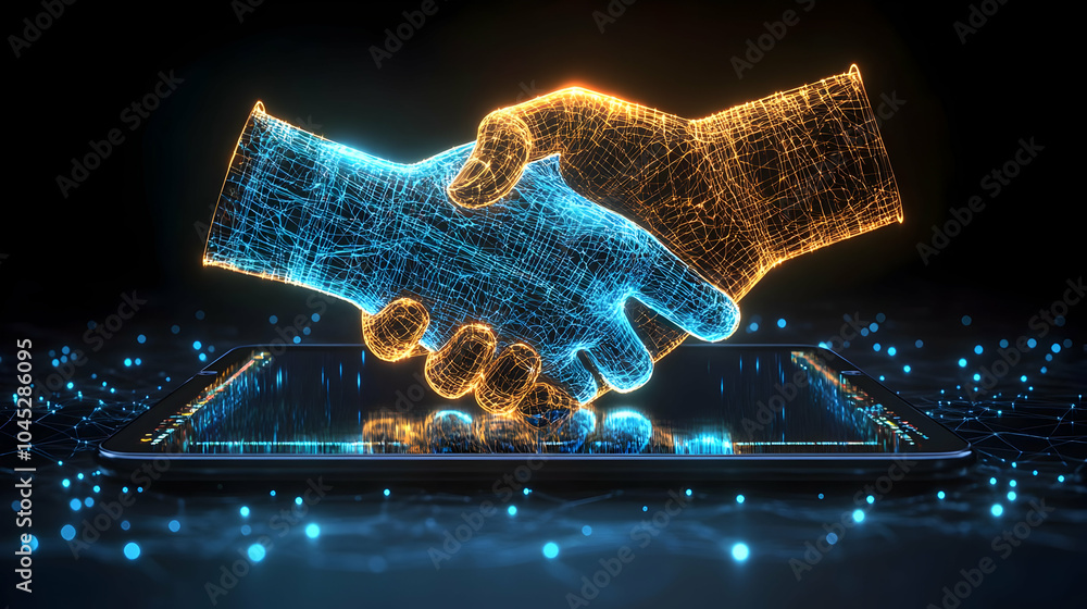 Poster 3d holographic tablet displaying glowing handshake symbolizing business deal high quality image tabl