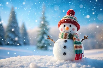 Fototapeta premium Snowman standing tall in a snowy landscape