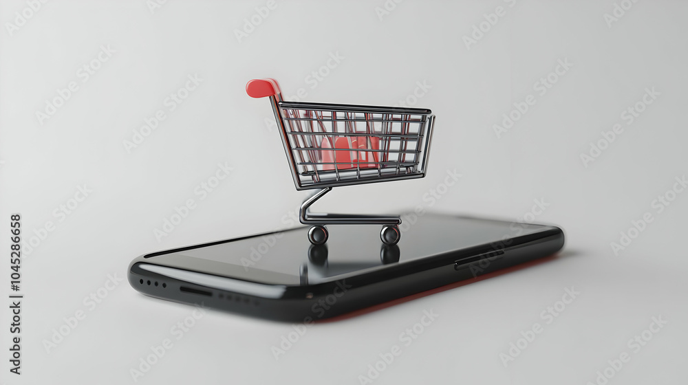 Poster 3D Levitating Smartphone Shopping Cart Icon Mobile Commerce Concept High Resolution Image Floating Smartphone White Background Sharp Details Sleek Design Mobile Shopping Icon Illustration