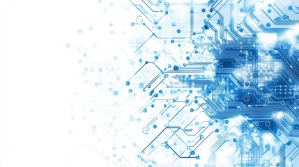 A blue circuit board diagram on a white background, representing high-tech connectivity.