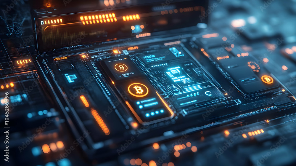 Poster 3d macro image futuristic wallet digital currency icons holographic display close up shot financial 
