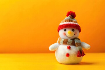 Fototapeta premium Snowman toy Christmas decoration on yellow background