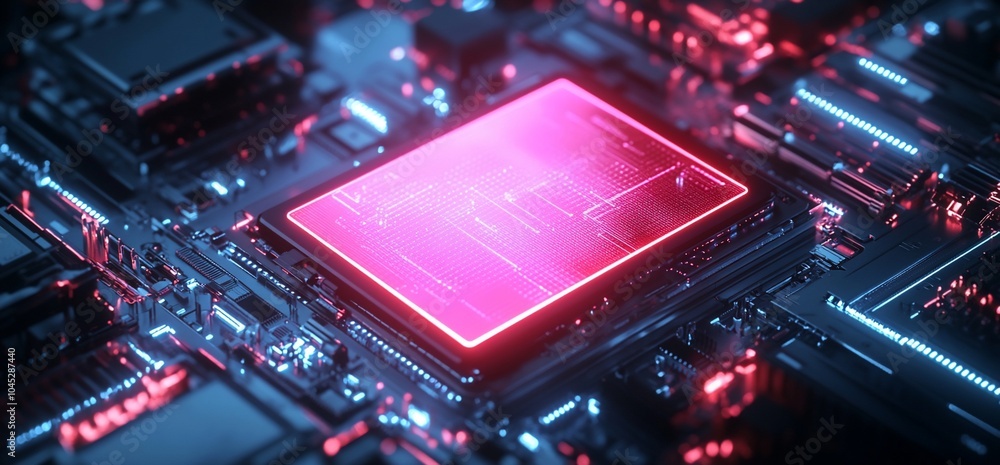 Poster a close-up of a glowing pink cpu chip on a circuit board with neon blue and red accents.