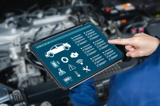 Car service technology, Software online and checklist concept, Women's Service Center Officer use tablets car defects check and maintenance topic for service, Checkup automotive. Customer service
