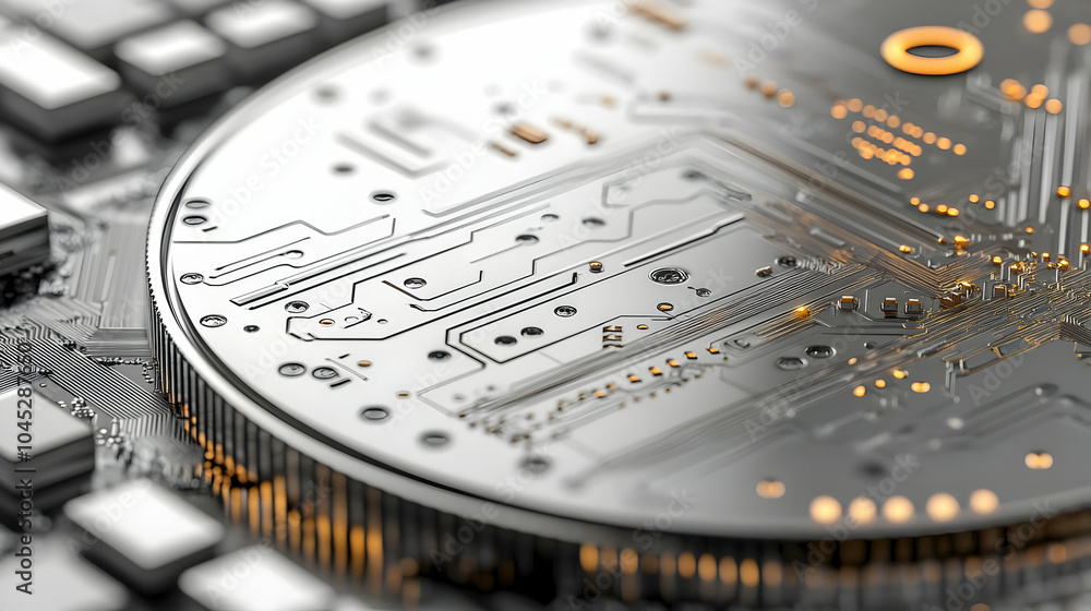 Poster futuristic coin 3d macro shot with digital circuitry patterns close-up image on white background | i