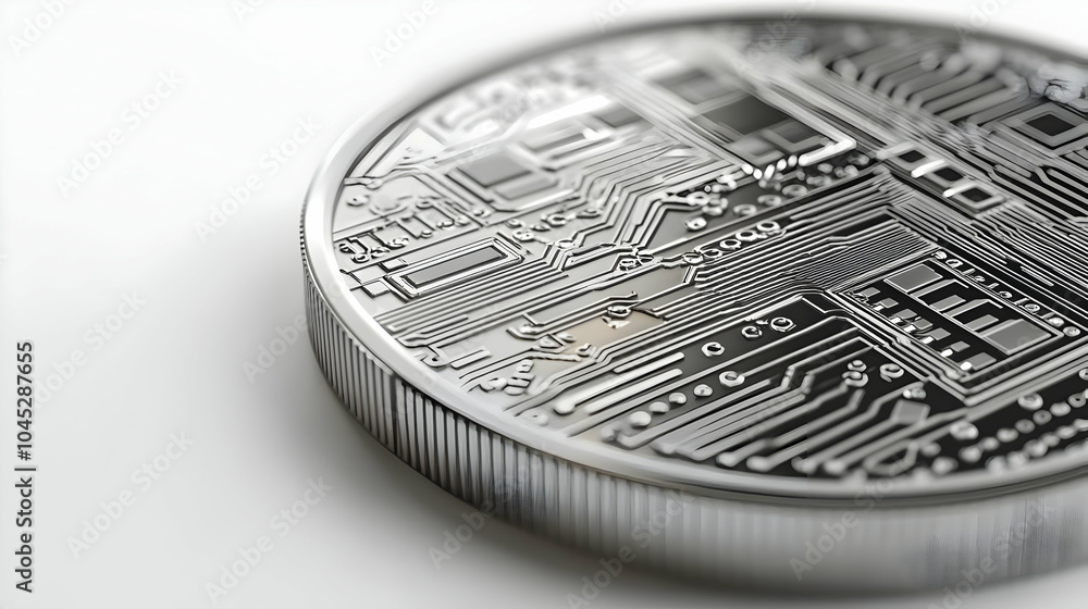 Poster 3D Macro Shot Futuristic Coin Digital Circuitry Patterns Close Up Image Intricate Currency Modern Technology Finance Icon Isolated White Background