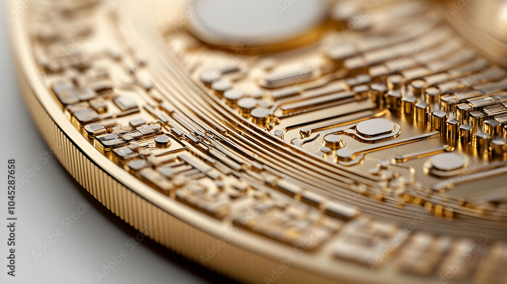 Poster futuristic coin macro 3d render with digital circuitry patterns | close up high-tech currency design