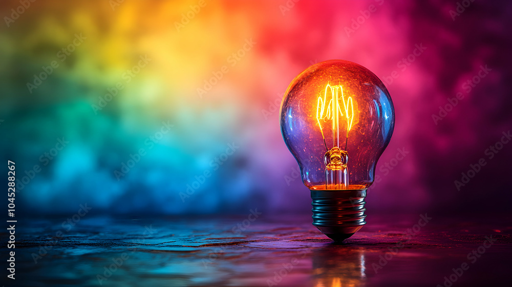 Poster Abstract Rainbow-Colored Lightbulb with Minimalist Design on a Soft Background