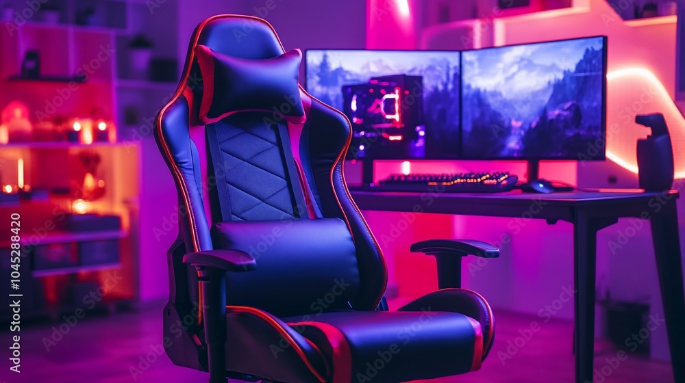 Poster a comfortable black gaming chair with orange accents in a brightly lit room with two computer monito
