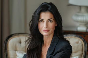 Portrait of a businesswoman with long, straight black hair, wearing a professional blazer, in an office, with a neutral modern setting, woman in professional attire