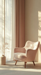 Vertical photo of an armchair next to a bright window with a light beige curtain and sunlight coming in