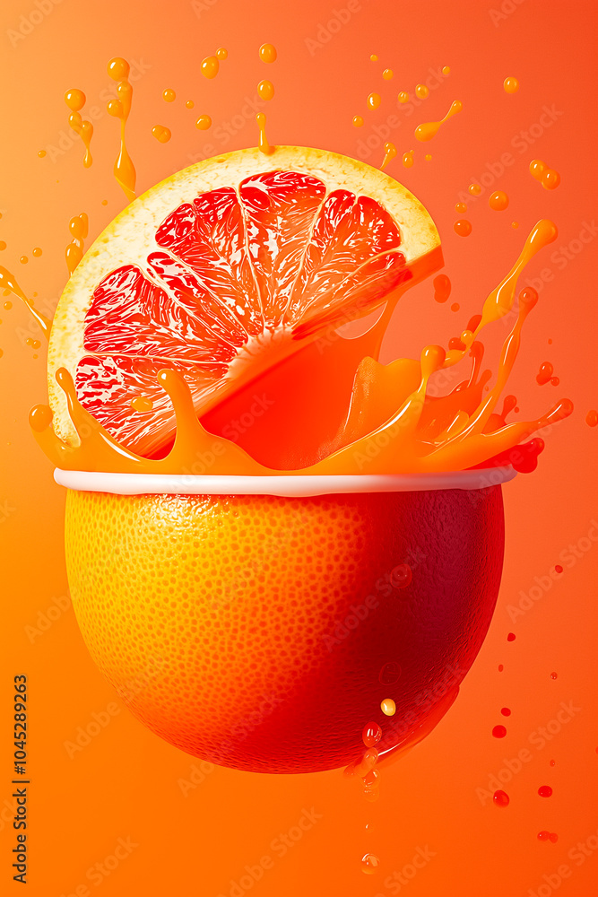 Poster a bright orange background enhances a whole orange and a citrus slice bursting with juice, creating 