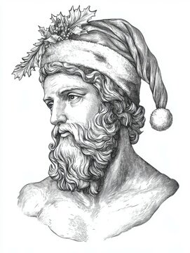 recommend clip art: Black and white Vintage engraved art of Tyche wearing a Christmas Santa hat, isolated on white background, ink sketch illustration, simple vector art design, highly detailed line art, high contrasty