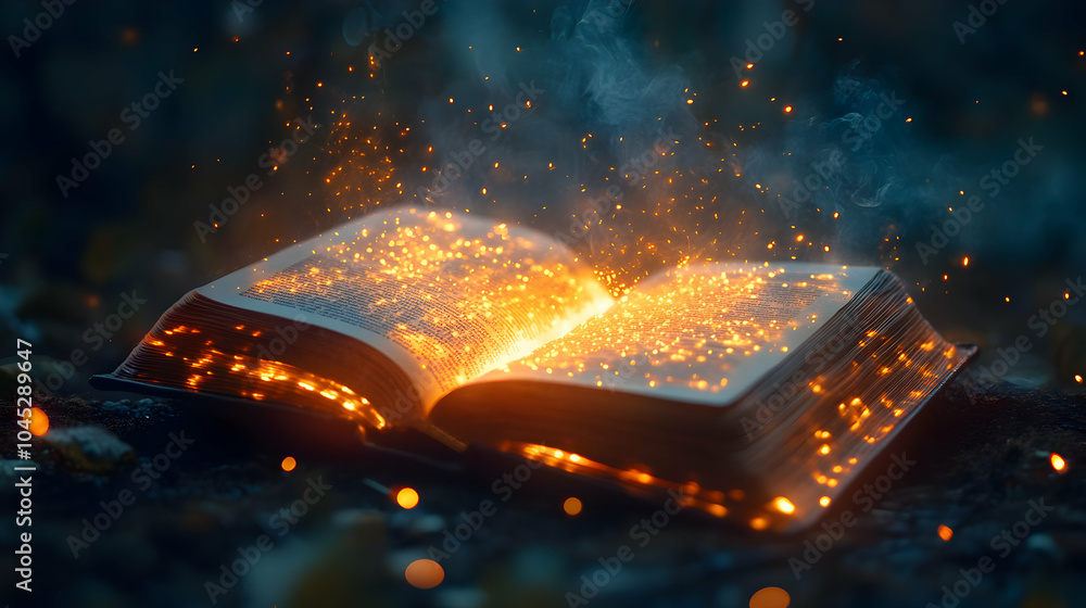 Poster open book with glowing pages symbolizing knowledge and imagination