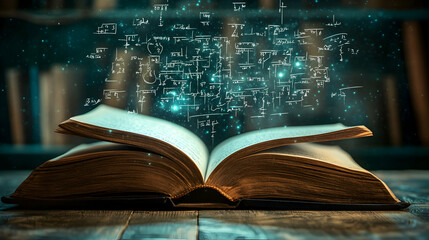 Open Book Surrounded by Floating Mathematical Formulas in a Conceptual Study Environment