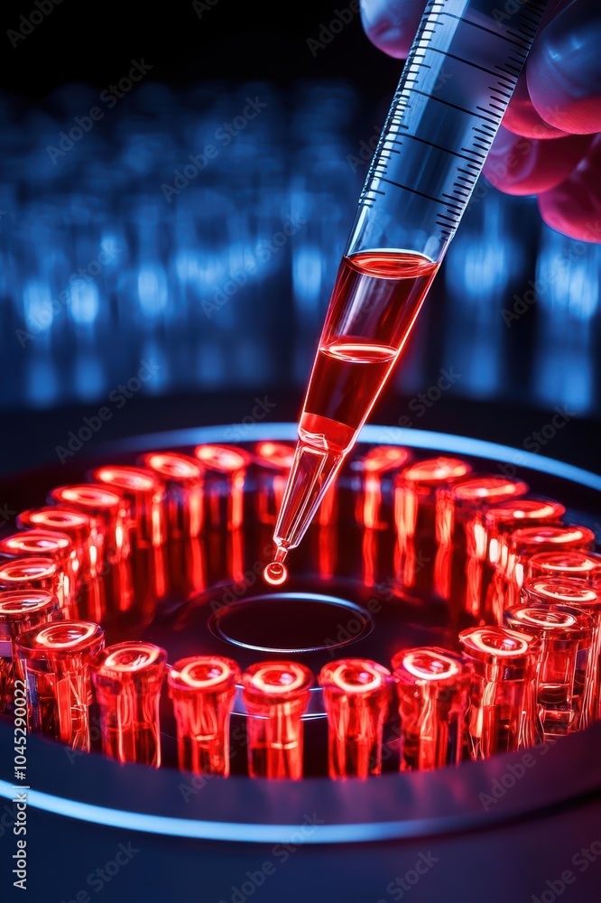 Poster close-up of a pipette dropping solution into a circular array of test tubes illuminated by red and b