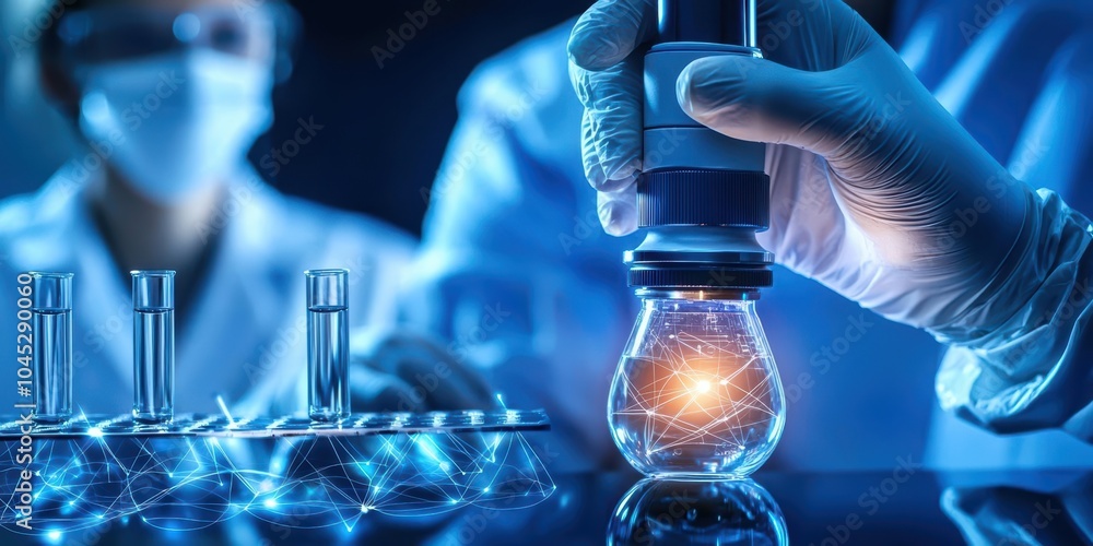 Aufkleber close-up of a scientist examining a glowing bulb under a microscope with lab glassware in the backgr