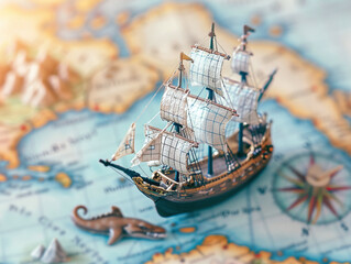 Ship in the style of an old engraving, positioned on a faded map with compass roses and sea monsters