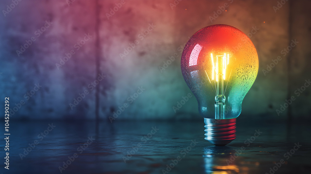 Poster artistic rainbow lightbulb design floating in abstract space