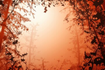 Abstract orange gradient background featuring black silhouettes of haunted trees, bats, and spooky faces, with an open space in the center for adding messages. A mysterious Halloween atmosphere. 