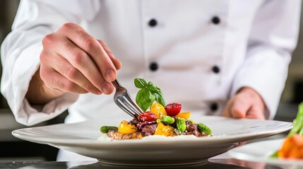 The chef artfully arranges vibrant ingredients, showcasing skill and creativity