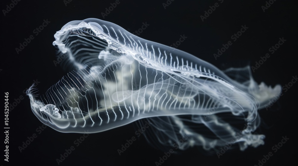 Poster translucent, white comb jelly with visible ridges is gently moving in dark water, illuminated by an 