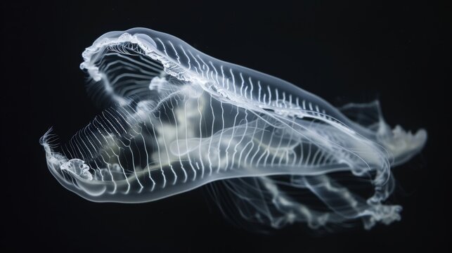 Translucent, white comb jelly with visible ridges is gently moving in dark water, illuminated by an unseen light source - Powered by Adobe