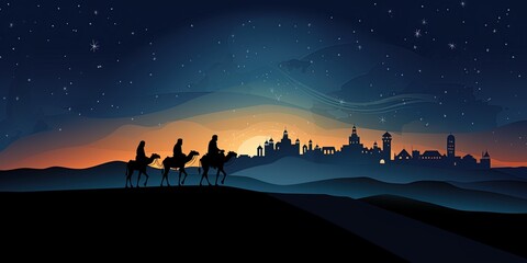 Fototapeta premium Christmas Nativity Scene Of Three Wise Men Magi Going To Meet Baby Jesus in the Manger with the City of Bethlehem in the distance. Ai Generative