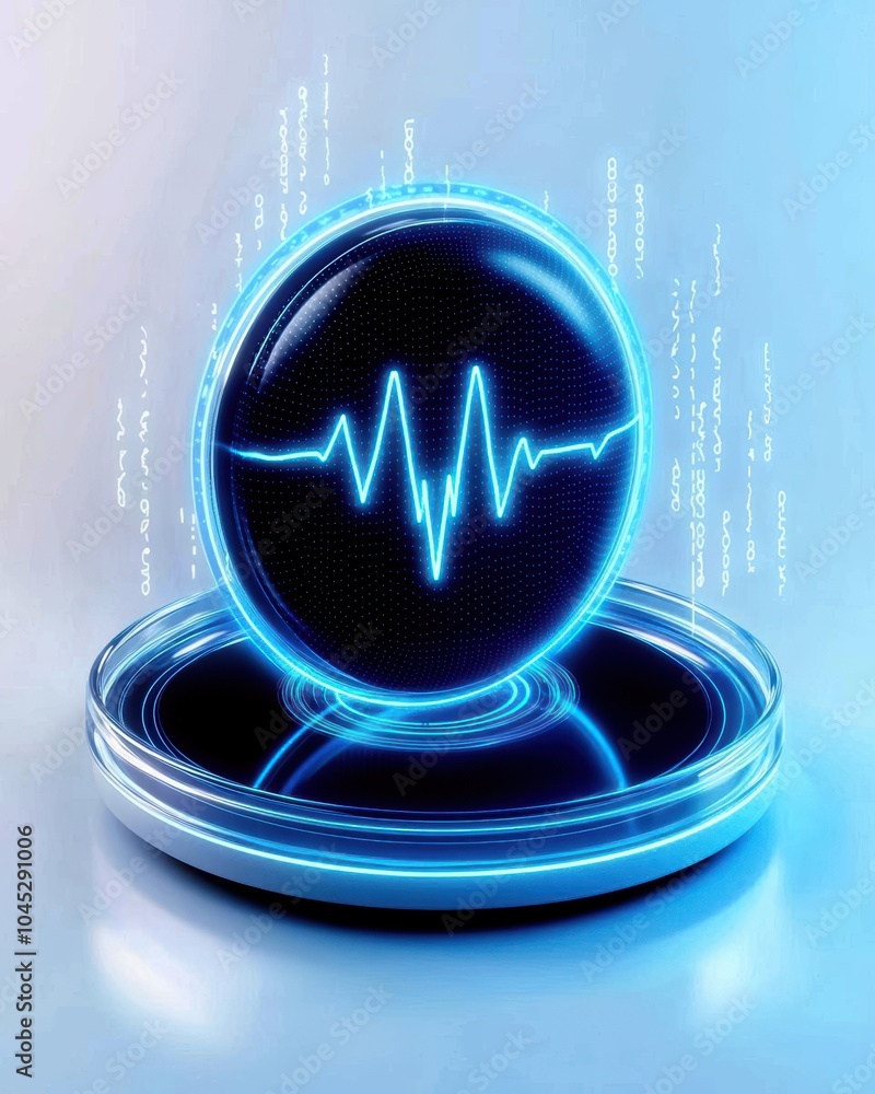 Poster futuristic design featuring a glowing pulse symbol on a circular base, representing technology and i