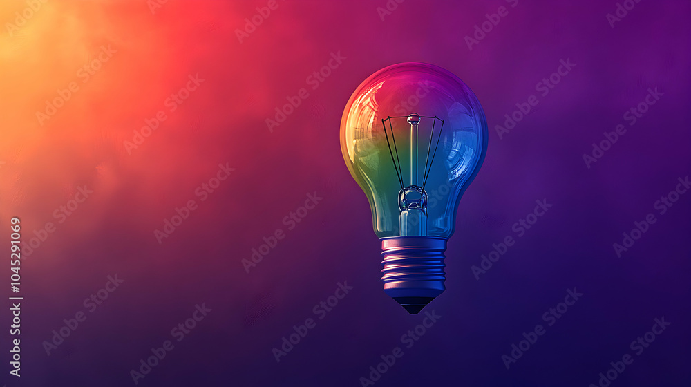 Poster artistic rainbow lightbulb floating on a plain background