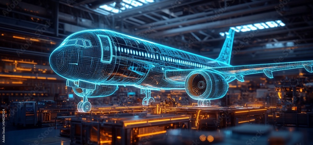Aufkleber A digital rendering of an airplane on an assembly line.