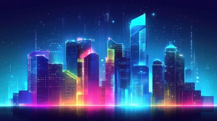 Neon cityscape background with glowing buildings, capturing a futuristic urban vibe.