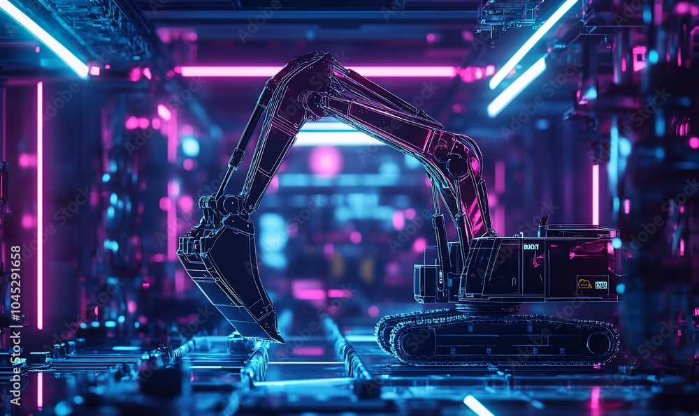 Poster a digital rendering of an excavator in a futuristic neon setting.