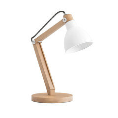 Desk lamp with wooden arm and white shade, white isolated background.