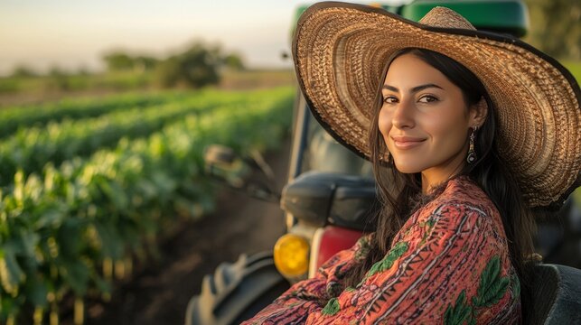 A portrait of a Mexican female farmer proudly posing by her tractor, wearing a wide-brimmed hat and traditional clothing, with a field of crops in the background, showcasing her dedication to farming