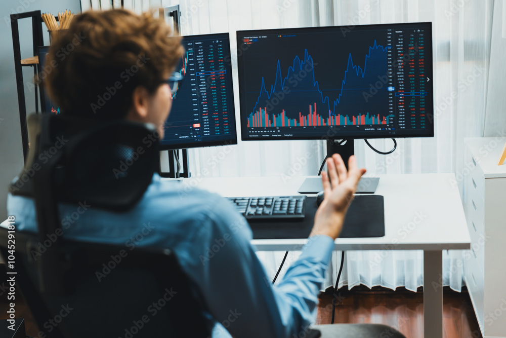 Poster young investor stock trader calling on smartphone to broker, discussing with dynamic financial excha