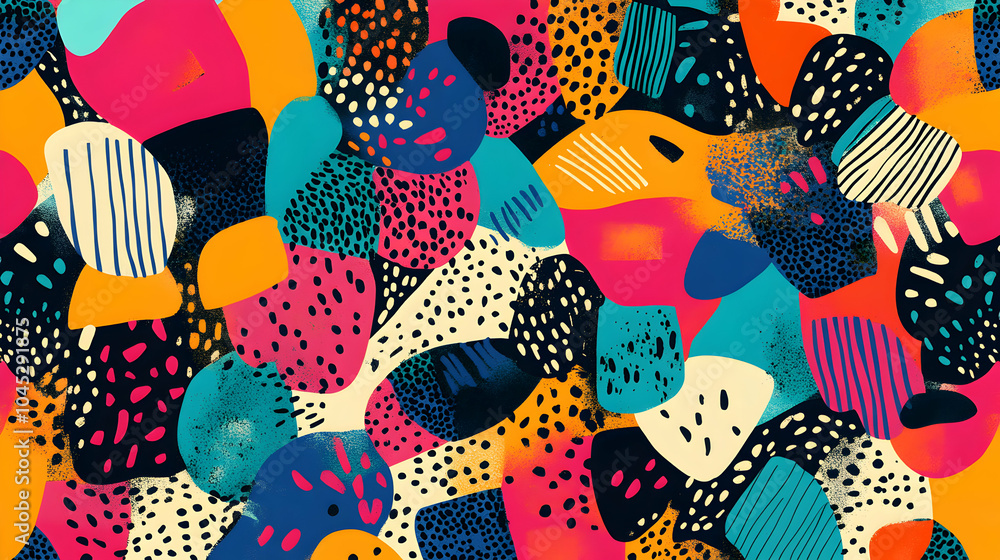 Poster bold irregular geometric shapes in vibrant tones creating a dynamic visual composition