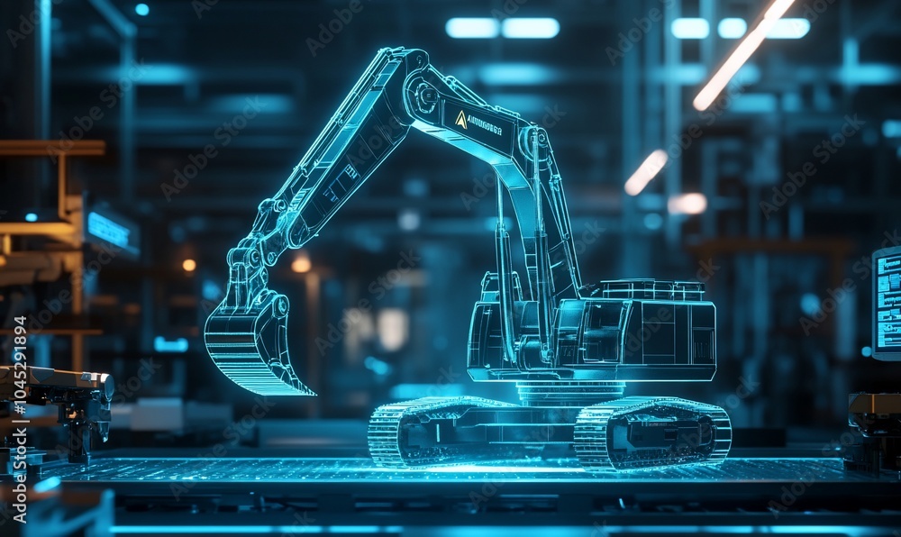 Poster a digital rendering of an excavator, showing its wireframe, on a digital platform with a blue light.