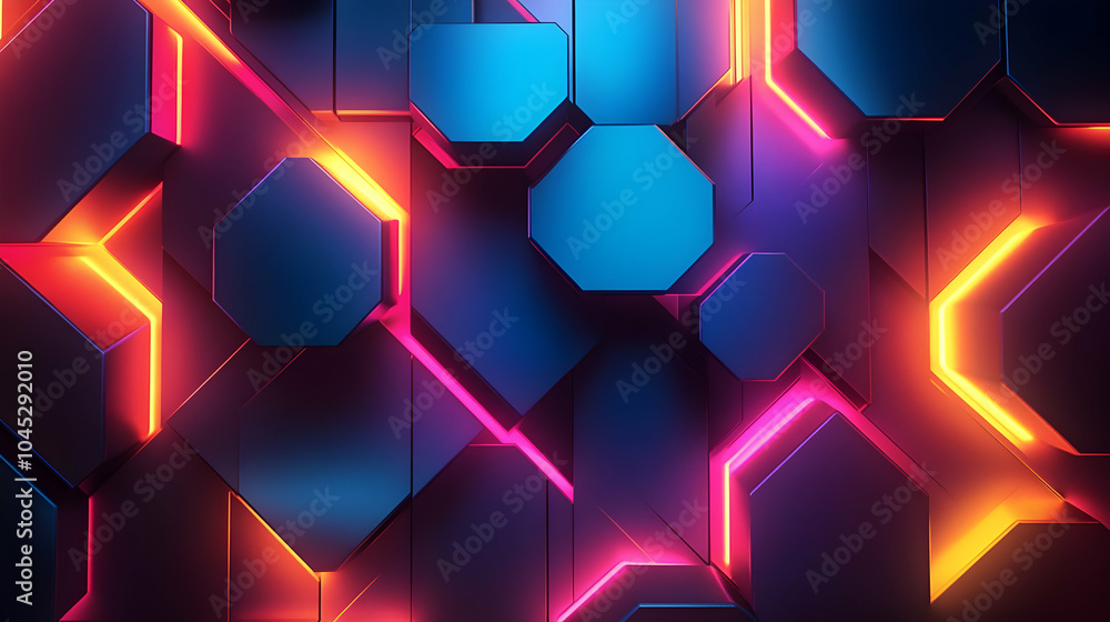 Poster bright and colorful interlocking polygonal shapes creating an abstract design