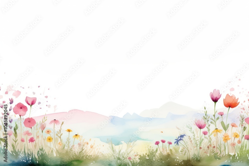 Sticker Minimal spring flower landscape with shape edge in bottom border nature outdoors painting.