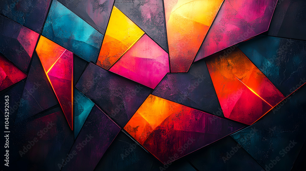 Poster bright and colorful interlocking polygonal shapes in an abstract design