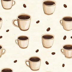 Obraz premium Vintage coffee mugs with coffee beans on vintage beige fabric background, seamless repeating pattern, textile print style, minimal, seamless drink pattern design, breakfast decor, kitchen linens