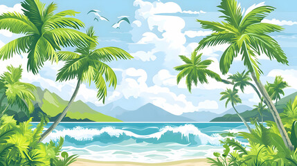 Fototapeta premium A serene beach background with flat design palm trees and waves, set against a soft blue sky, creating a relaxing and calm scene